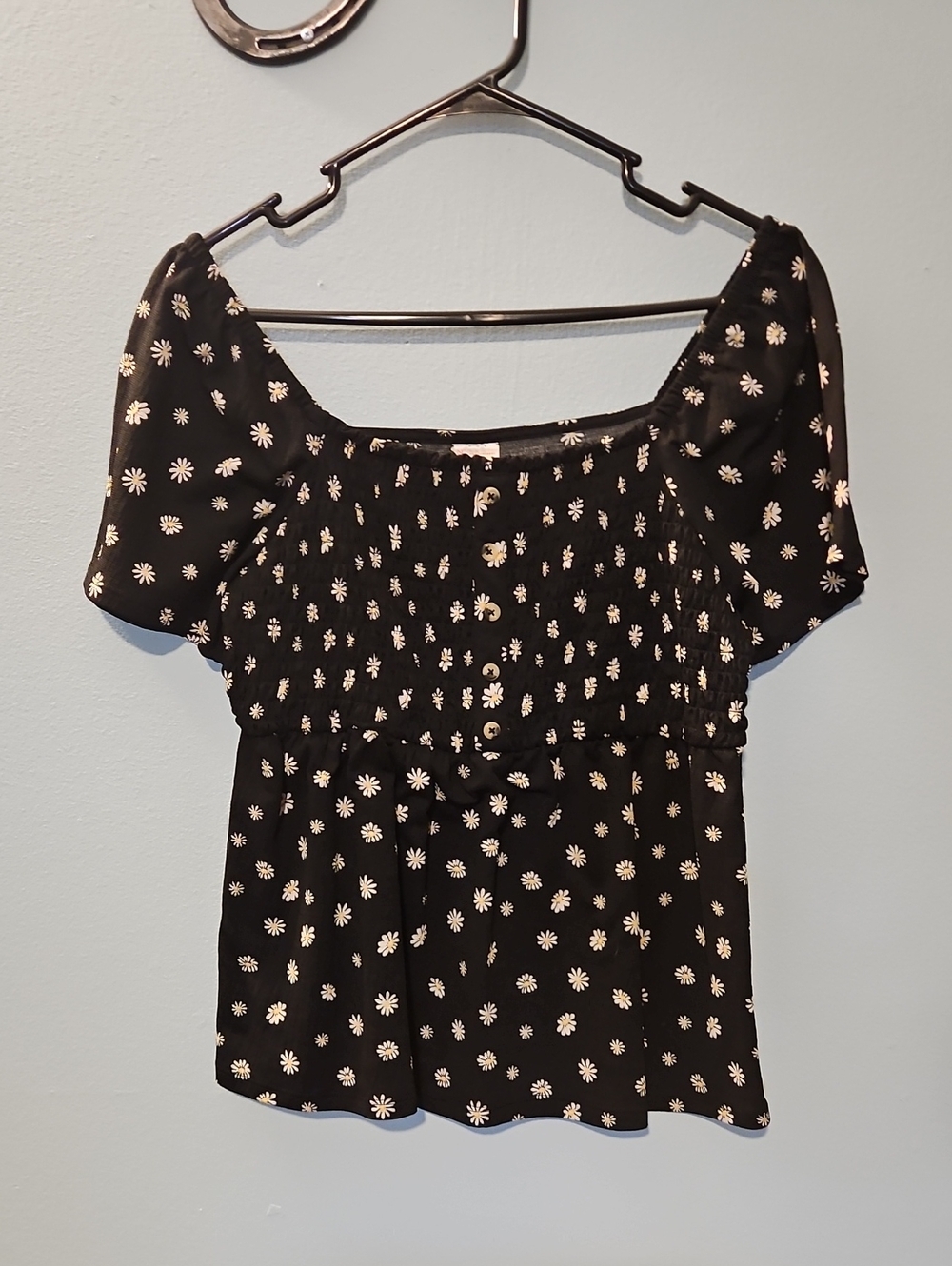 Black Daisy-Print Smocked Off-shoulder Top